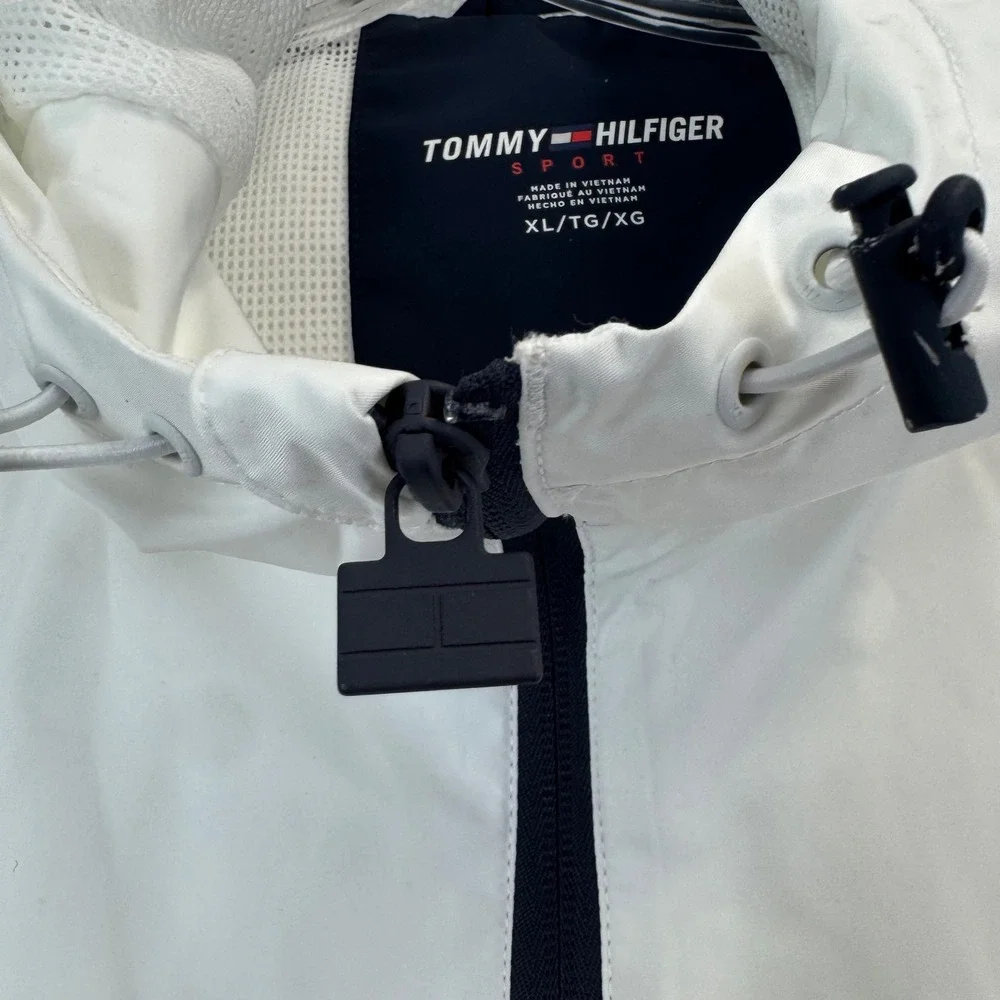 Tommy Hilfiger Sport Mens XL Colorblock Hooded Windbreaker Jacket Red White Blue